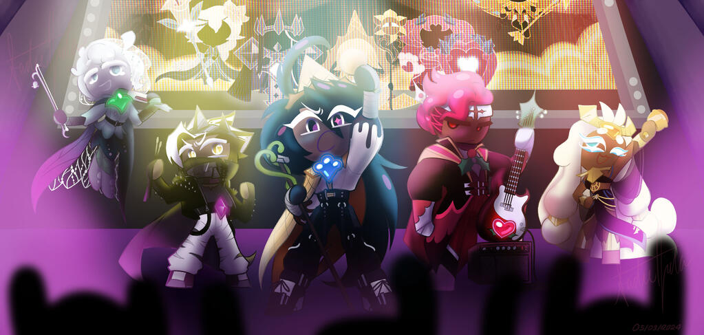 A Cookie Run: Kindom inspired drawing where characters are portrayed in a band